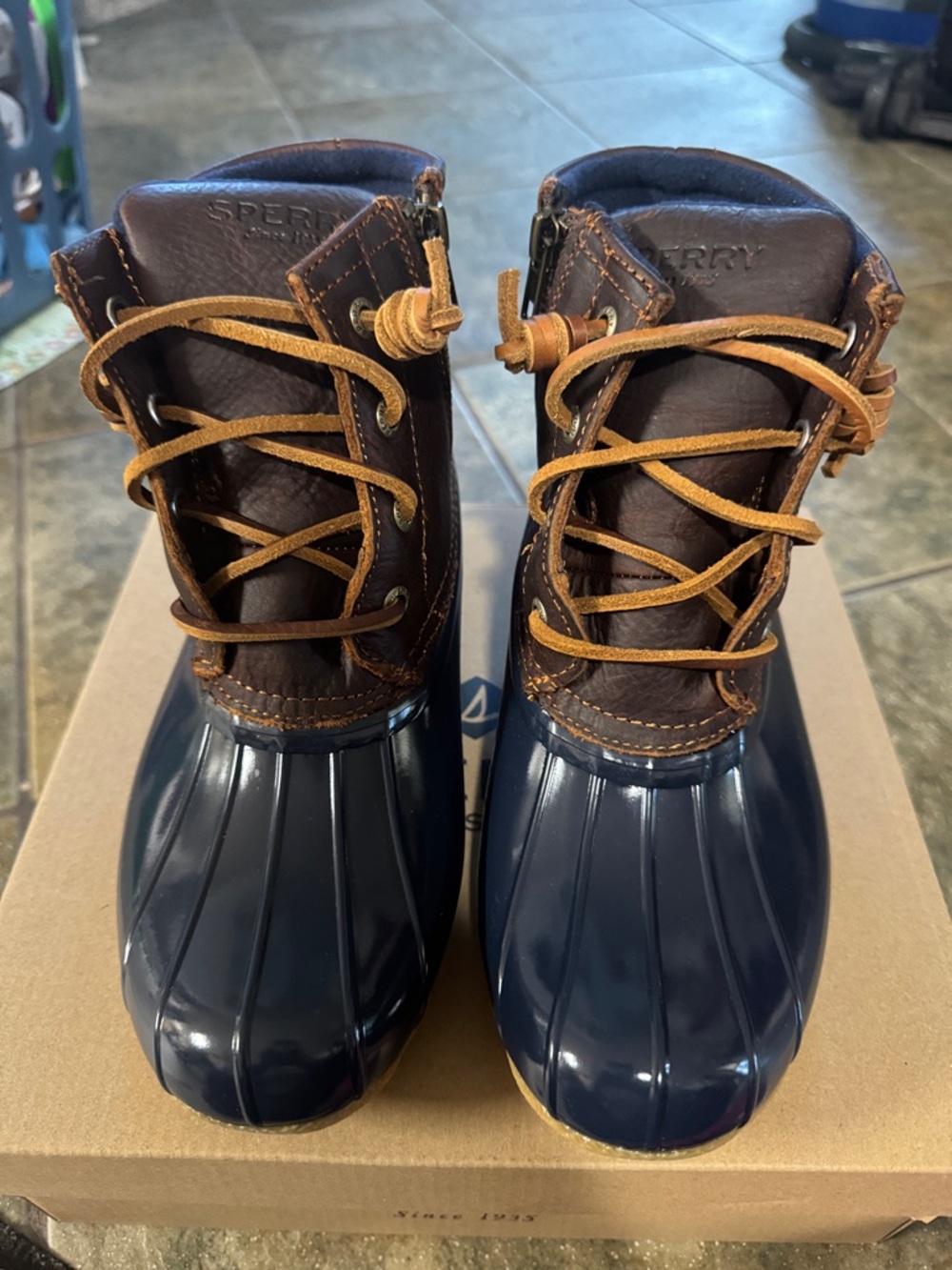 Sperry Navy and Brown Waterproof Lace-Up Duck Boots